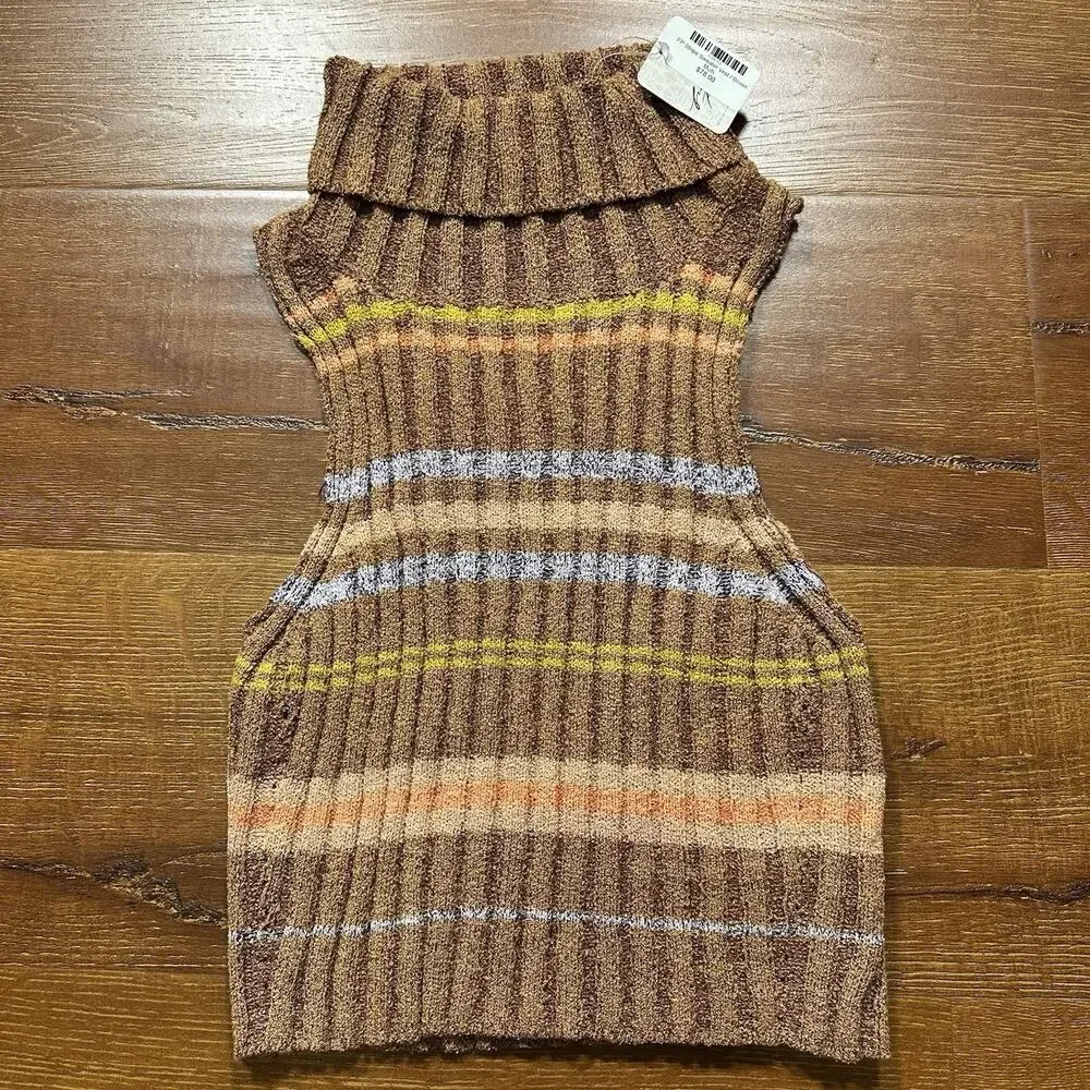 Free People Turtle Neck Sweater Vest Women XS Brown Knit Stripe Sleeveless Rib